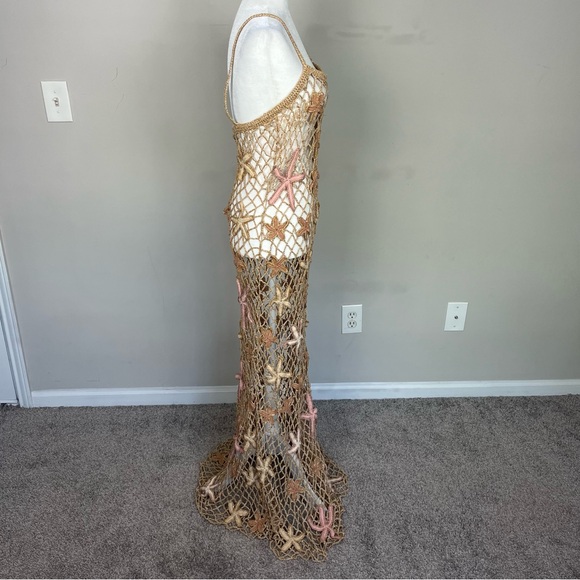 RETROFETE SERAFINA OPEN CROCHET STARFISH MAXI DRESS SIZE M/L IN ALMOND LUREX - Picture 12 of 17